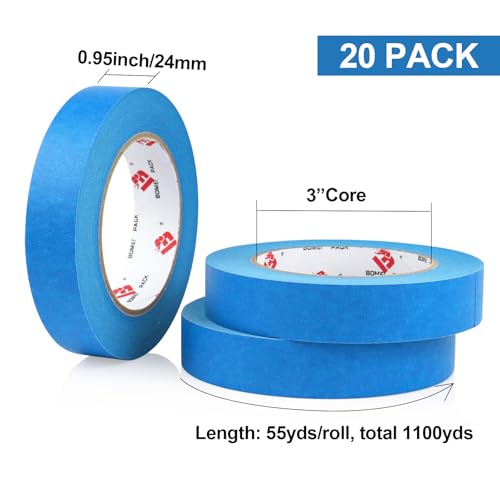 Image of BOMEI PACK Blue Painters Tape 1 Inch Bulk - Paint Tape 20 Rolls x 1 Inch x 55 Yards - Blue Masking Tape for Walls Painting, DIY Crafting, Edge Finishing and School Projects, Total 1100 Yards
