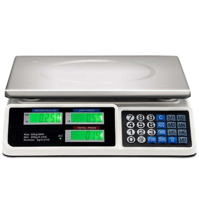 66lb Digital Retail Scale with Dual LCD Displays, 5g Accuracy, Stainless Steel Weighing Pan, 3 Power Modes, Lb-Kg Toggle, Tare, Auto-Stabilize, 8 Unit Price Storage, Durable Housing