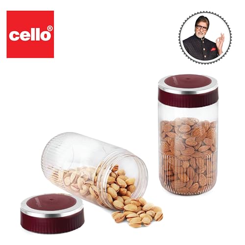 Image of CELLO Mint Storage Canister For Kitchen Set of 2, (1000 ml x 2), Maroon | Food Grade, Stackable, See Through |Nestable Storage Pet Container with Lid for Food, Pulses, Spice, Cereals, Cookies,Dry Food