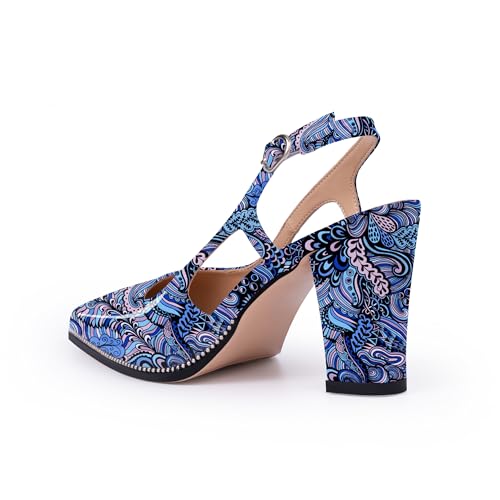 Women's Pointed Toe Block Heel Slingback Pumps Beaded Patent Leather Buckle Strap Slip On Work Party Dress Shoes4