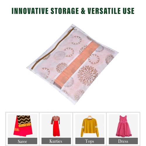 Image of Kuber Industries Pack of 25 Single Saree Bags for Storage | Non-Woven Wardrobe Organizer | Mesh Window Cloth Storage Set |Single Packing| Gola-Print | White