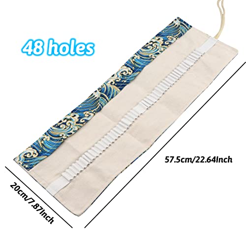 Image of Canvas Pencil Wrap Case, 48 Holes Colored Pencil Roll Holder Storage Pouch for Office (48 Holes, Blue)