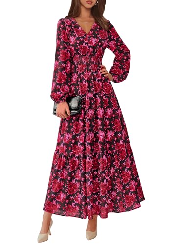 PRETTYGARDEN Long Sleeve Maxi Fall Dresses for Women 2025 Vneck Smocked Boho Floral Tiered Swing Flowy Wedding Guest Dress2