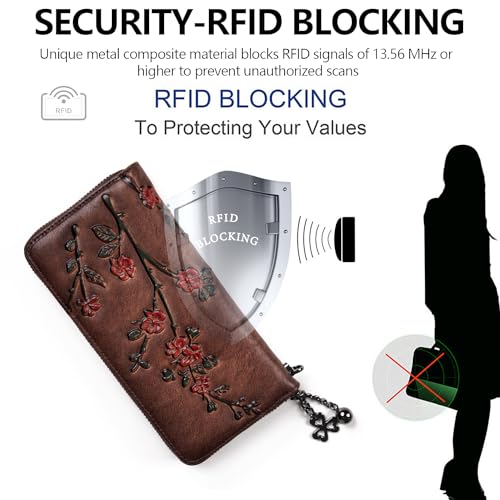 Image of Wallet Genuine Leather for Women - with RFID Blocking Card checkbook ID Slot Large Capacity Vintage style (flower coffee)