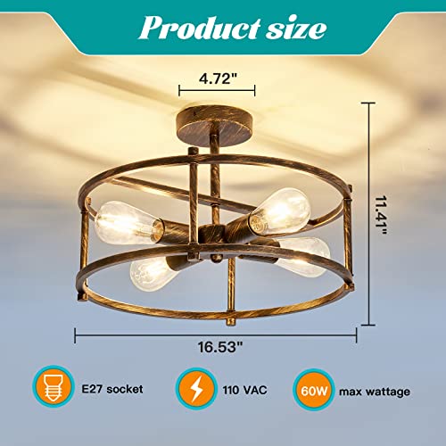 Fgsadi 4 -Light Retro Semi Flush Mount Ceiling Light,Oil Rubbed Bronze Metal Chandelier,Rustic Vintage Farmhouse E26 Ceiling Lamp For Dining Room Kitchen Entryway Hallway Bedroom Bathroom. #TOP1