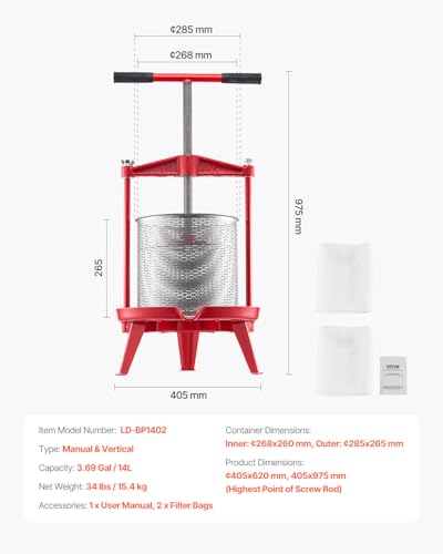 Image of VEVOR 3.69 Gal /14L Fruit Wine Press, Stainless Steel Basket with Cross-beam and Triangular Structure, Manual Juice Maker, Cider Apple Grape Tincture Making Press with T-Handle for Kitchen Home