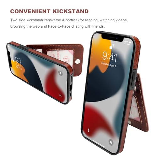 Image of KIHUWEY for iPhone 13 Pro Case Wallet Compatible with MagSafe Wireless Charging, Credit Card Holder, RFID Flip Leather Magnetic Clasp Kickstand Heavy Duty Protective Cover 6.1 Inch (Brown)