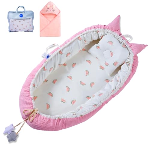 Image of Micrail Baby Lounger Cover for Newborn Breathable and Easy Infant Portable Skin-Friendly Baby Lounger, 100% Soft Cotton Baby Floor Seat for Travel Baby Nest Cover for 0-12 Months (Pink)
