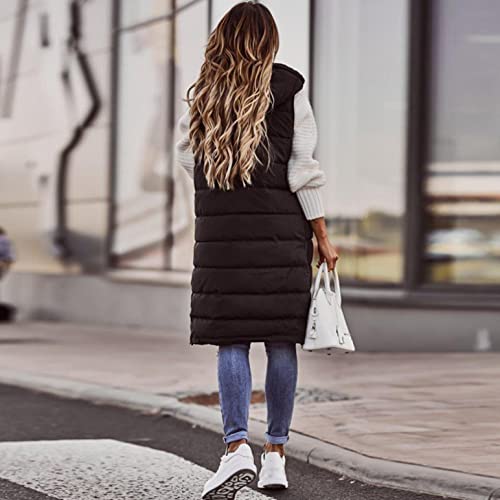 Woshuai Womens Long Down Puffer Vest With Hood,Warm Oversized Thick Fleece Cotton Winter Gilet Parka Jacket Coat Sleeveless Black #TOP2