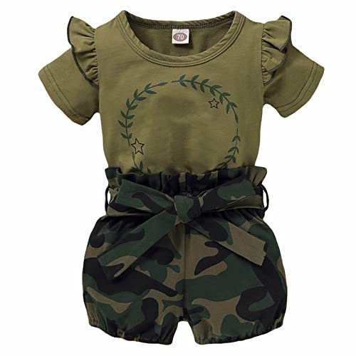 Terno de 2 peças para bebês meninas manga curta estampa de letra + shorts camuflados roupas para men