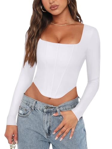 REORIA Womens Sexy Casual Square Neck Long Sleeve Backless Shirts Y2K Trendy Going Out Concert Outfits Boned Bustier Corset Crop Tops White Small