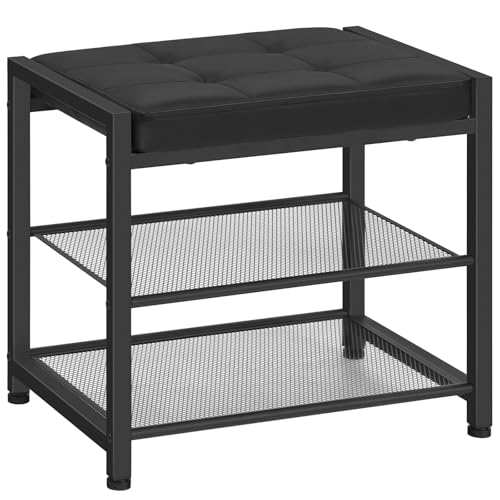 HOOBRO Small Shoe Bench, 3-Tier Shoe Rack, Shoe Storage Bench with PU Seat Cushion, Entryway Shoe Rack Bench with Metal Mesh Shelves, Freestanding Shoe Organizer for Hallway, Black BB33HX01