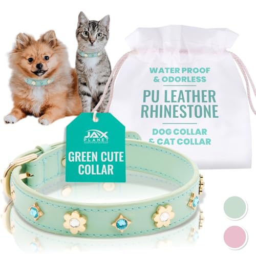 PU Leather Rhinestone Pet Collar in Green - Soft Padded Bling Dog Collar with Diamond Crystals & Metal Flowers for Female Dogs & Cats - Comfortable and Stylish for Walking & Running - S