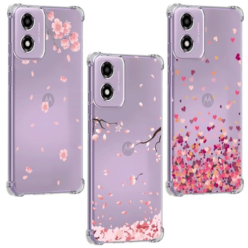 KJYLPO Compatible with Moto E14 4G / G04 / G24 Case Clear Soft Bumper Anti-Scratch Silicone Phone Case Cover Transparent (Love and petals and pink flowers)