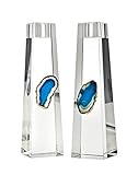 Large Blue Agate and Gold Candle Holder Home Décor – 7.5 Inches Tall – Set of 2