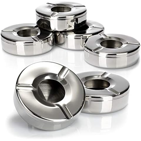 com-four® 6x Aschenbecher aus Edelstahl - Windaschenbecher mit abnehmbarem Deckel zum Schutz vor Flugasche - Ø 11 cm (006 Stück - Edelstahl) Cover