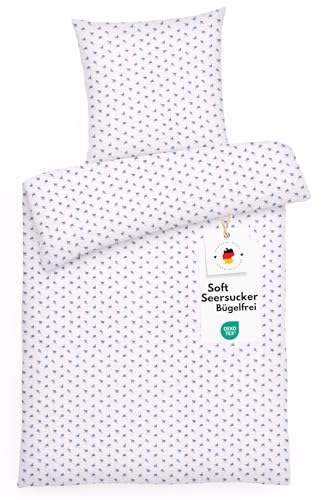 Carpe Sonno Seersucker Bettwäsche 155x220 Baumwolle | Sommer Bettwäsche Blumen Bettbezug 155x220 | Kühlende Sommerbettwäsche Bügelfrei Bettwäsche-Sets Blumen Bettwäsche Baumwolle 155 x 220 Weiß Blau