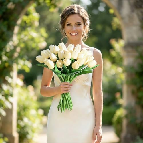Image of 20Pcs Stems 13.5 Inch Milky White PU Artificial Moisturizing Tulips, Faux Tulips Flowers for Thanksgiving Christmas Decorations Wedding Home Table Vase Floral Arrangements