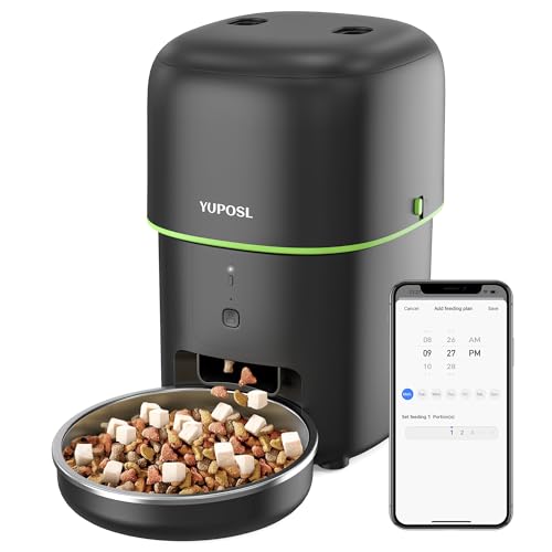 Yuposl Automatic Cat Feeder, 2L Cat Feeder with 5G WiFi, Dual-Band WiFi APP Control for Remote Feeding, 1-15 Meals, 1-16 Portions, Stainless Steel Food Bowl, Desiccant to Keep Dry Food Fresh