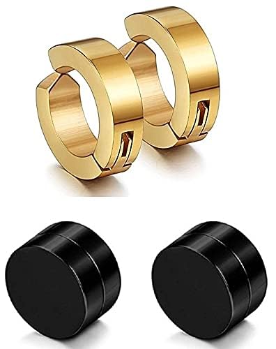JEWEL PITARA Magnetic Non Piercing Earrings 1 pair (SET) For Man Punk Style Round golden and black Clip Stud Stainless Steel Men-image-34