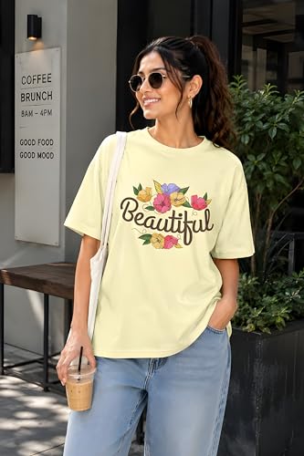 Image of Amazon Brand - Anarva Women Oversized Graphic Printed T Shirt 100% Cotton Drop Shoulder Loose Fit Baggy Casual Tshirt for Girls