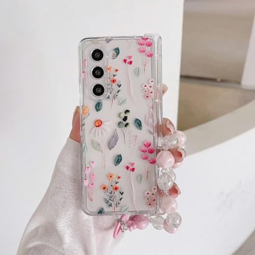 Coque Samsung Galaxy Z Fold 4 avec bracelet fleurs et charnière transparente
