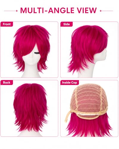 Image of Rose bud Anime Halloween Hot Pink Wig for Cosplay Party Synthetic Layered Short Hair Wigs with Fringe Pastel Funny Wigs for Women Men