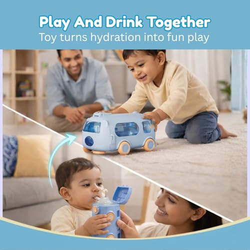 Image of Toy Imagine Kids Water Bottle with Strap & Sipper | Leakproof BPA-Free Tritan Plastic Bottle with One-Press Button Lock 2-in-1 Water Bottle & Playing Bus Toy for School & Travel(500 ml) Gift for Kids