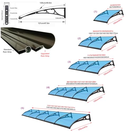 Auvent de porte 120x320cm marquise de protection extérieure polycarbonate - 6