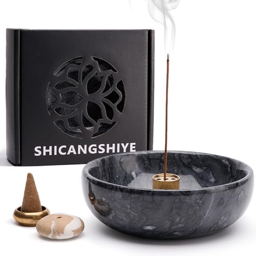 Marble Incense Holder Bowl with Brass Burner – Natural Hand-Polished Stone Incense Burner for Sticks, Cones, Palo Santo & Sage – Ash Catcher for Meditation, Yoga & Home Decor