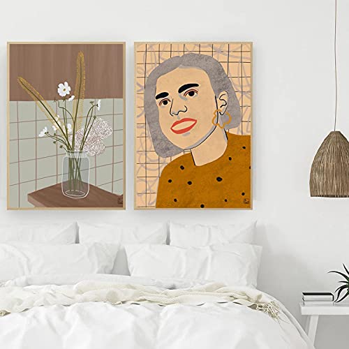 Affiche minimaliste salon peinture sur toile fille fond abstrait fleurs 50x70cm x2