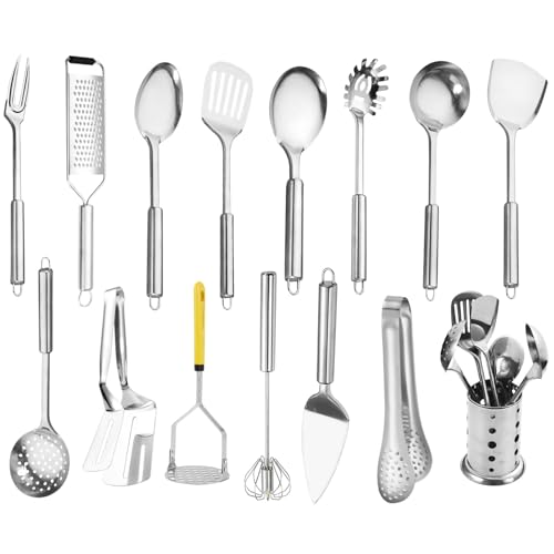 Polegas Stainless Steel Kitchen Utensil Set, 15 PCS Cooking Utensils, Nonstick & Heat Resistant Tools, No Plastic Gadgets Cookware Accessories