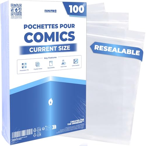 Fanatiko Pochettes Comics Current Size (Lot de 100) – Comic Bags avec Fermeture Adhésive, Sans Acide, Ajustement Précis pour BD Standard, Haute Transparence