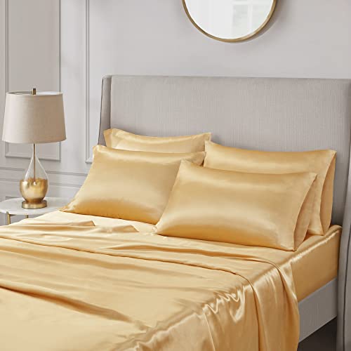 Madison Park Essentials Satin Sheet Set Luxury And Silky With Natural Sheen, Premium 16" Deep Pocket, All Around Elastic - Year-Round Bedding, King, Gold, 6 Piece #TOP2