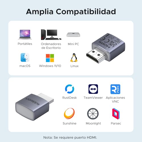 UGREEN Pack de 4 HDMI Dummy Plug 4K 60Hz 1080P Emulador de Pantalla Headless Ghost EDID HDCP Compatible con MacBook Pro PC Portátil Monitor Streaming Juegos Trabajo Remoto Windows Mac OSX y Linux - imagen 9