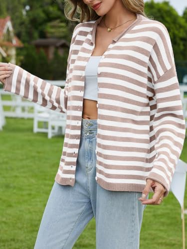 Image of UNCLECAT Womens Striped Cardigan Long Sleeve Button Down Knit Tops | 2026 Fall Winter Trendy,Casual,Cute Lightweight Sweaters,Cozy Soft,Open Front Top,loose fit