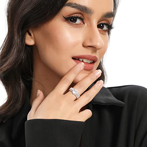 Mdfun Three-In-One Oval Halo Wedding Bands Set Engagement Rings 18K White Gold Plated Cubic Zirconia Promise Eternity Band For Women Size 8 #TOP1