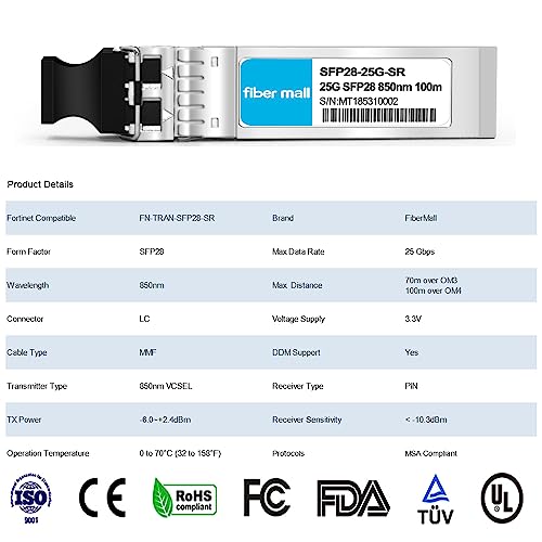 Image of 25G SFP28 SR for Compatible with Fortinet FN-TRAN-SFP28-SR 25GBASE-SR SFP28 850nm 100m DOM LC MMF Optical Transceiver Module
