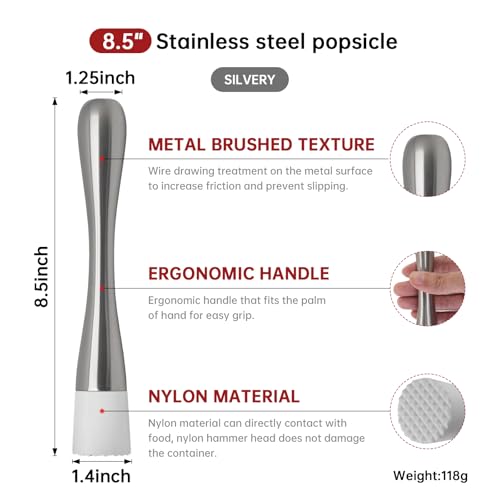 8.5″White Head Stainless Steel Muddler, Cocktail Mashers, Hammered Drink Mixers with Hammered Design, Suitable for Crushing Ice and Mixing Drinks 1PC