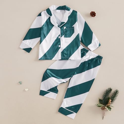 ZAXARRA Little Girl Boy Christmas Pajamas Set Bow/Stripe Print Long Sleeve Lapel Button Down Tops with Pants Satin Sleepwear2