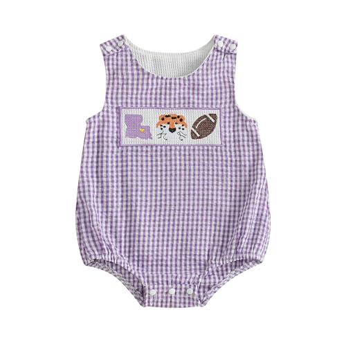 Baby Girl Boy Football Outfit College Football Bubble Romper Sleeveless Plaid Overalls Bodysuit Game Day Clothes