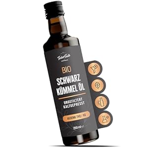 Schwarzkümmelöl Bio kaltgepresst 250ml – ungefiltert, hoher Thymochinongehalt (4600 mg/1000 g), ohne Zusatzstoffe – Entspricht 500 Schwarzkümmelöl kapseln kaltgepresst