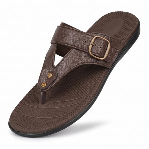 Image of OfficeEase 2.0 Women's Comfort Sandals, Toe-Ring Slip-On Slippers with Chic Buckle Detail, Soft Cushioned Footbed, Responsive Support Sole for Office & Daily Wear, Brown