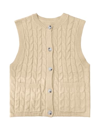 Girls Sweaters Vest Lightweight Sleeveless Cable Knit Sweater Cardigans Button Down Knitwear Tank Tops with Pockets Beige