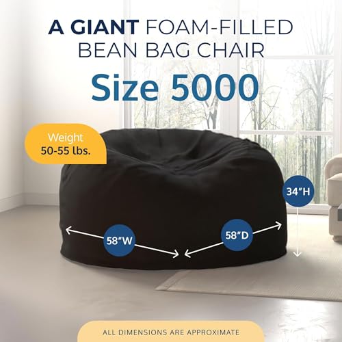 Image of ULTIMATE SACK 5000 5-Foot Bean Bag Chair with Footstool, Charcoal Fur Cover - Oversized Foam Lounger, Floor Seat, Small Sofa, or Couch Bed for Living Area, Gaming Room, or Reading Lounge