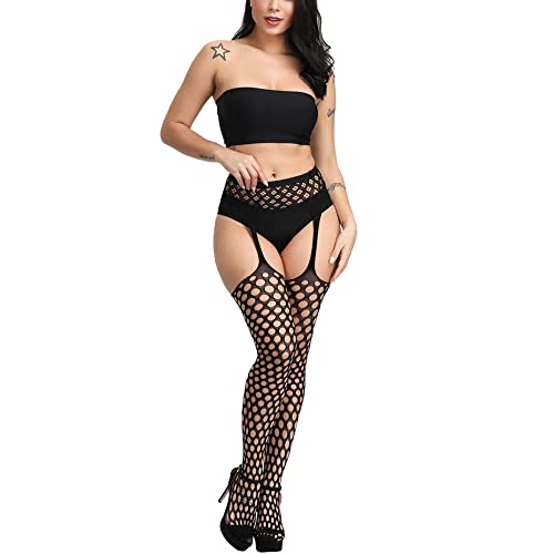 Image of Fishnet Stockings for Women - Sexy High Waist Suspender Thigh High Pantyhose Tights