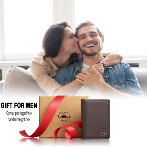 Image of Stealth Mode Men's Slim Front Pocket Wallet - RFID Blocking, Thin Minimalist Bifold Design, Genuine Leather - ID Window and 5 Sleeves for Money, Credit and Debit Cards, Driver's License (Dark Brown)