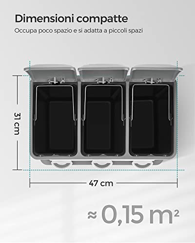 SONGMICS Cestino per Rifiuti da Cucina, 3 x 8 L Pattumiera Differenziata Piccolo Volume, Cestino Triplo in Acciaio, Pedali e Secchi Interni, Facile da Pulire, Bianco e Grigio LTB24WT - Immagine 4
