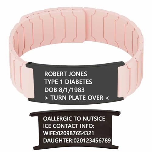 Personalized Medical ID Bracelet for Men & Women Custom Engraved Silicone Strap Comfort Fit Medical Alert Bracelets for Sports,Adjustable Waterproof Customizable Wristband for Diabetic