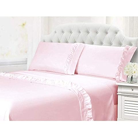 4-Piece Queen Size, Shabby Chic Ruffle Sheets Set French Country Bedding 100% Egyptian Cotton Vintage Bed Sheet Set 15 Inch Deep Pockets Ruffled Bed Sheets Pink Solid Cover